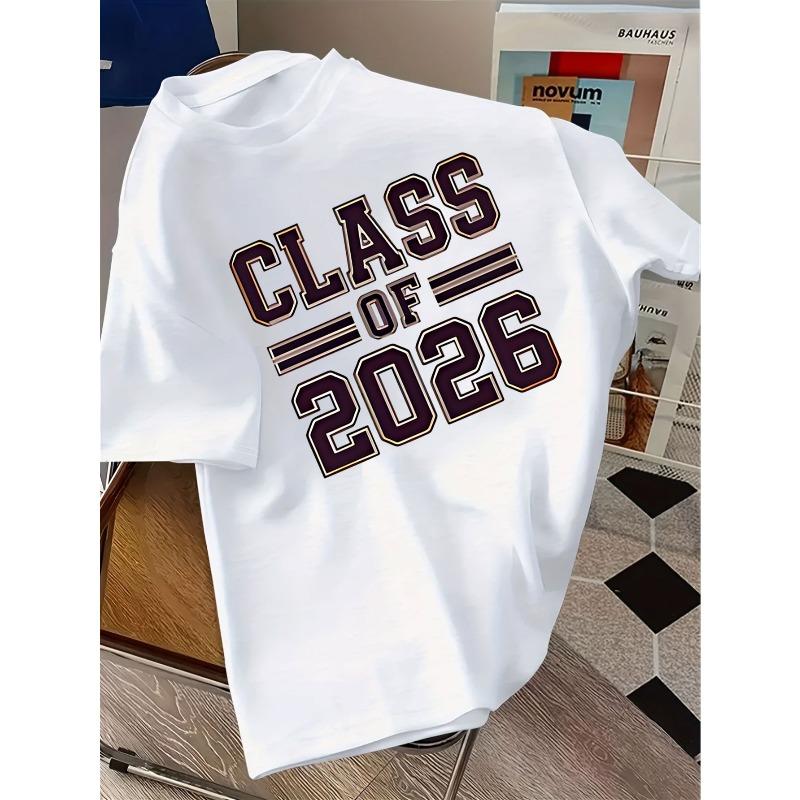 European sizes A Loose Short-Sleeve T-Shirt with The Text 'CLASS OF 2026' Displayed Against a Wooden Background, Perfect for Graduation Season
