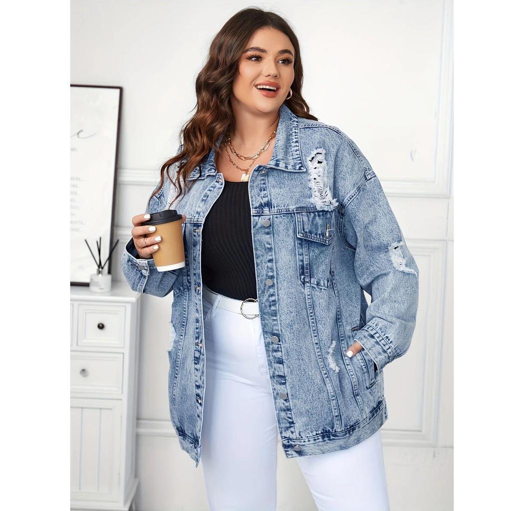 Women's Retro Worn-out Denim Jacket - European Street Style, Loose Fit for Spring and Autumn