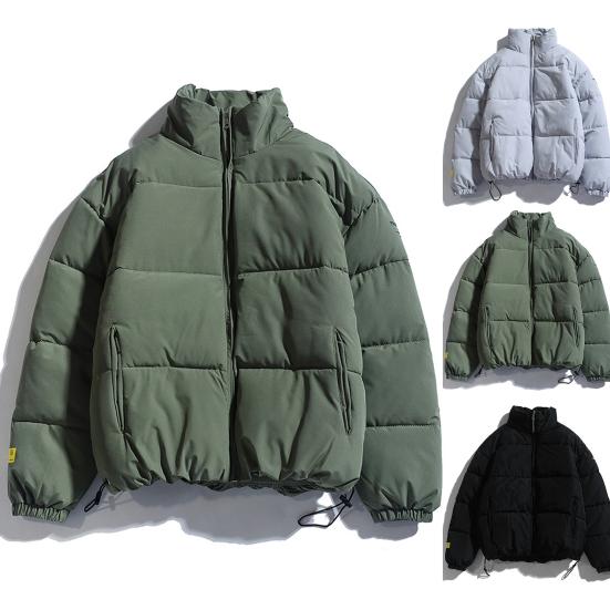 Men Cotton Coat Drawstring Hem Zipper Stand Collar Solid Color Padded Cold-proof