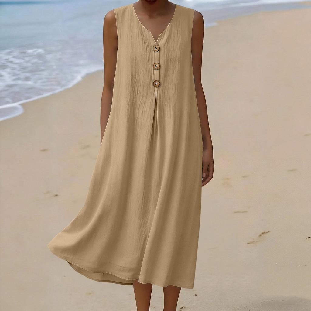 Damen Sommer Mode V-Ausschnitt Knopf Ärmellos Lässig Locker Urlaubs Küsten Kleid