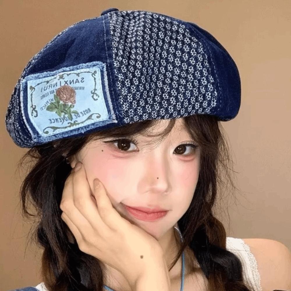 Korean Patch Splicing Beret Vintage Painter Cap Casual Denim Berets  Summer and Autumn