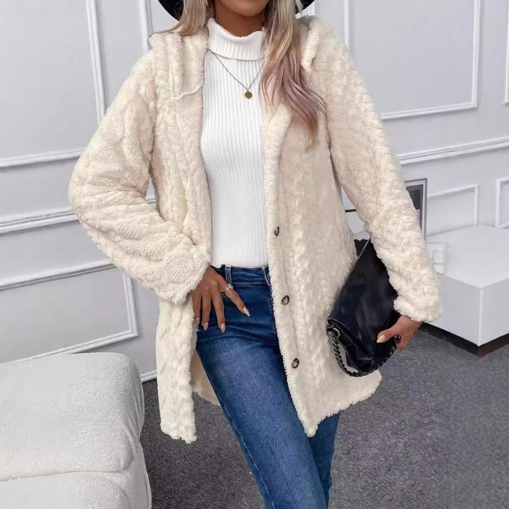 Autumn-Winter Warm Fashion Jacquard Plush Hooded Cardigan Coat