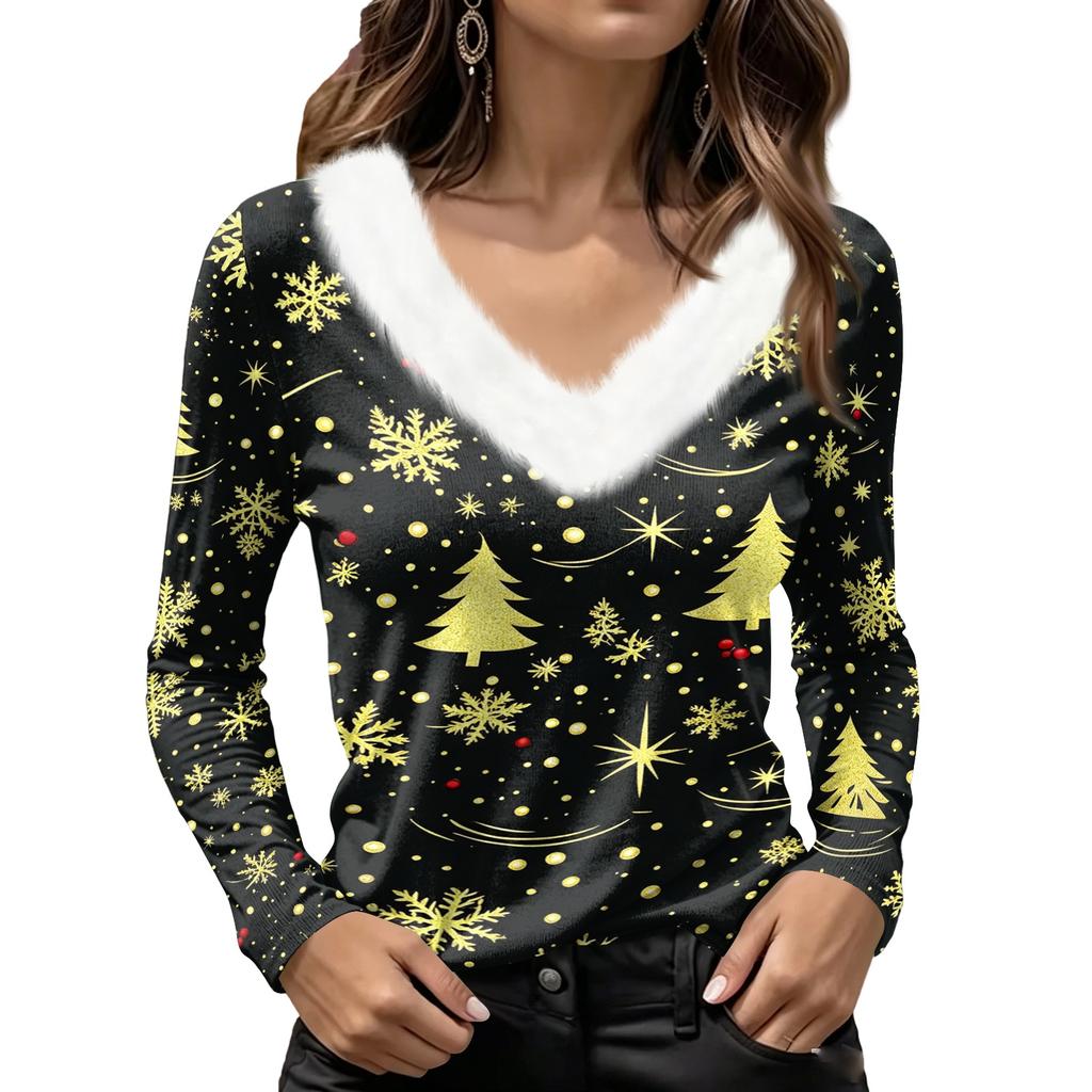 Women's Long Sleeve V-Neck Christmas Top with Collar, Snowflake and Christmas Tree Print