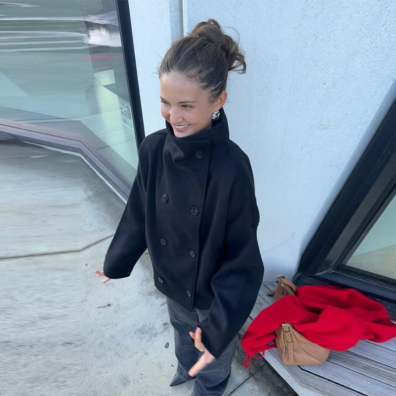 Elegant Women's Coat High Stand Collar Full Sleeve Double Breasted Solid Female Coats 2025 Autumn Fashion High Street Lady Top