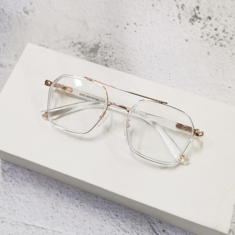 Anti-Blue Glasses Transparent Frame Retro Double Beam Pilot Flat Light Eye Frame Can Be Equipped With Degree Women'S Myopia Glasses
