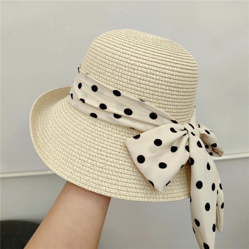 French Retro Style, Elegant Polka Dots, Bow Tie, Sun Hat, Straw Hat, Women's, Summer Seaside Vacation, Beach Sun Hat
