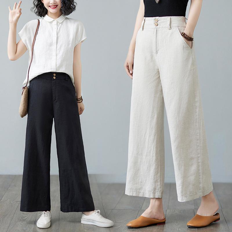 

Women s Casual Cotton-Linen Elastic Waist Straight-Leg Pants L