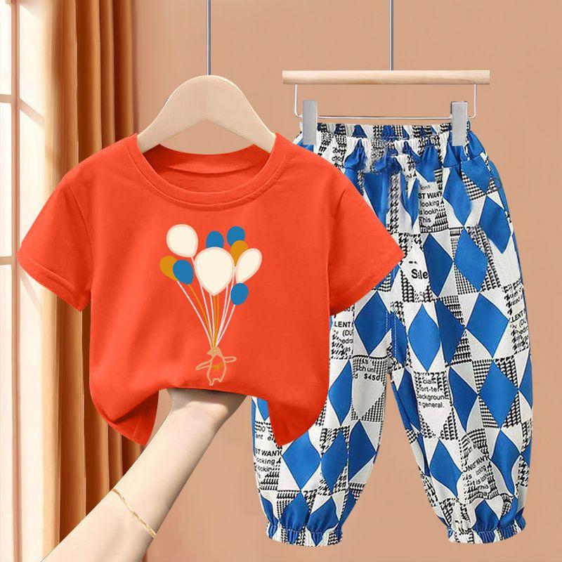 New Boys' Short Sleeve Set Medium and Small Girls' T-shirt Two Piece Set