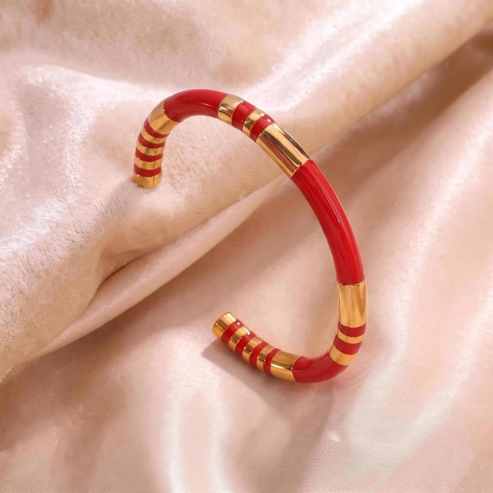 Chunky Enamel Bamboo Bracelet for Women Colorful Design Open Bangle Gold Color Stainless Steel Banquet Aesthetics Jewelry Gifts