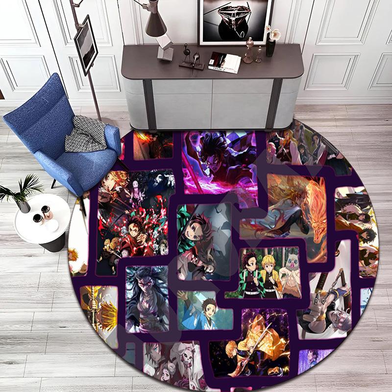 Classic Japanese-style Cartoon Demon Slayer Round Rug, Home Soft Decorative Anti-slip Yoga Mat and Chair Mat, Outdoor Floor Mat Carpet K24