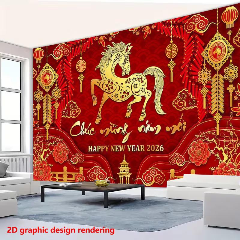 2D Chuc Mung Nam Moi Backdrop, Happy New Year 2026 Horse Themed Background for Vietnamese Tet Decor