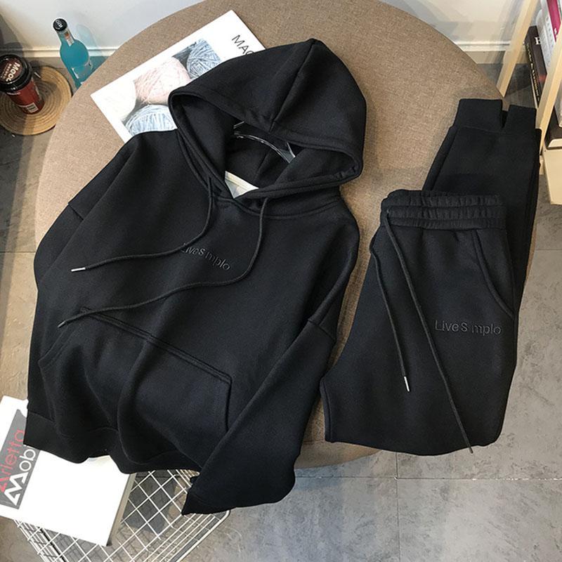 Autumn Winter New Suit Thickened Velvet Pullover Hooded Women's Suit Sports Casual Long Pants Hoodies Two-piece Set