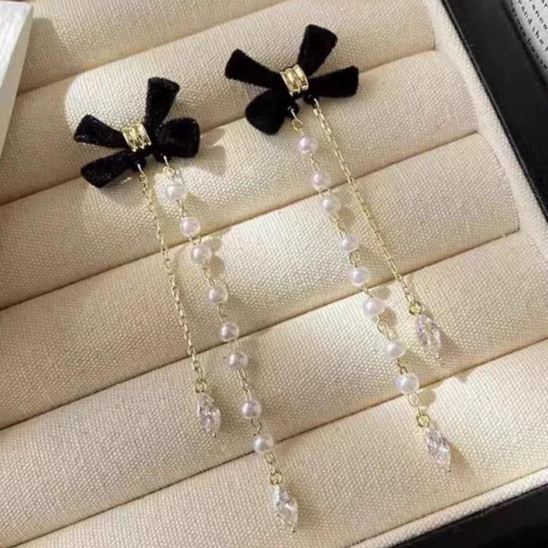 New New Red Flocking Bow Earrings Femininity Long Tassel Premium Atmospheric Earrings