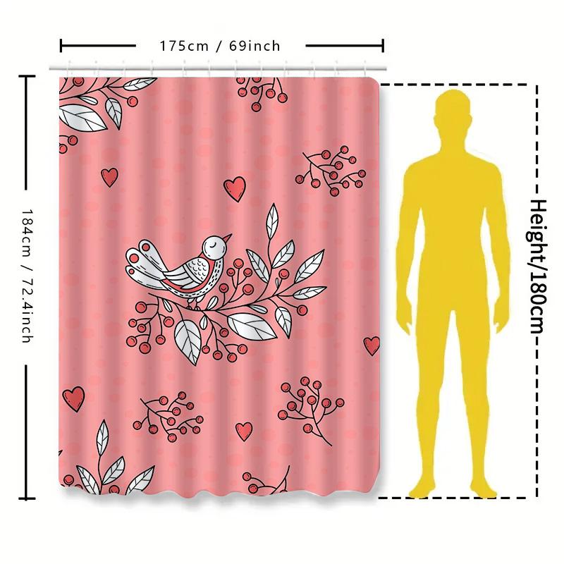 Vintage Bird Floral Shower Curtain Decorative Bathroom Waterproof Fabric Pink White Color With Cherry Red Hearts Print Home Deco