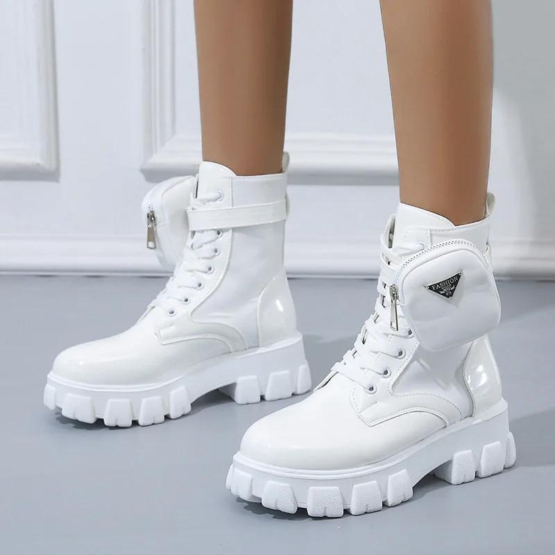 Women Boots New In Motorcycle Ankle Boots Wedges Female Lace Up Platforms White Black Leather Oxford Shoes Women Boots