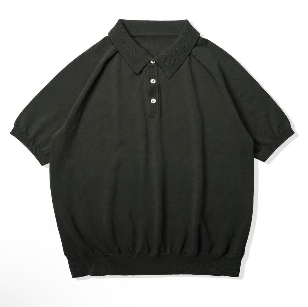 Men's Italian Khaki Knitted Polo Shirt - American Retro Short-Sleeved Cotton Tee for Summer