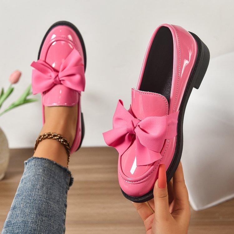 Women's Patent Leather Bow Loafers Round Toe Low Block Heel Slip-On Casual Oxford Shoes