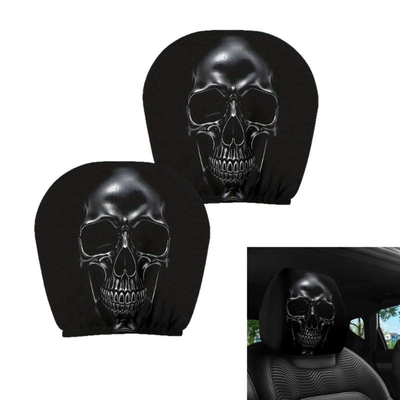 Skull Car Headrest Cover Pair, Black Polyester Slip On Headrest Sleeves with Elastic Opening for Daily Driving and Matched Front Seat Style
