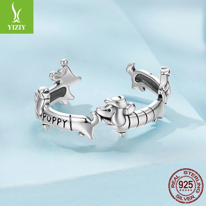 S925 Sterling Silver Dachshund Open Ring, Adjustable Ring For Fun Cute Animal Puppy