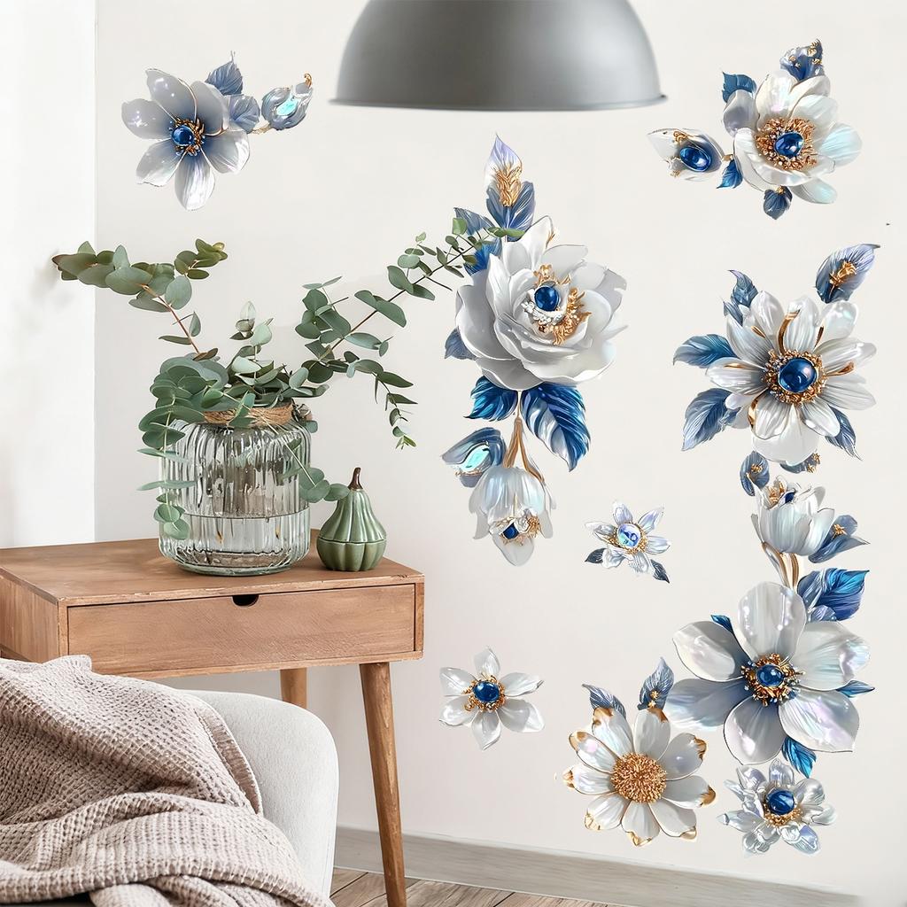 3D Floral Paper Blue and White Decoration for Living Room Bedroom Background Wall Decoration Stickers