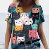 Women's T-Shirts Cartoon Cat Print T-Shirt Harajuku Vintage Short Sleeved Tees V Neck Funny Top Oversized Female Clothing
