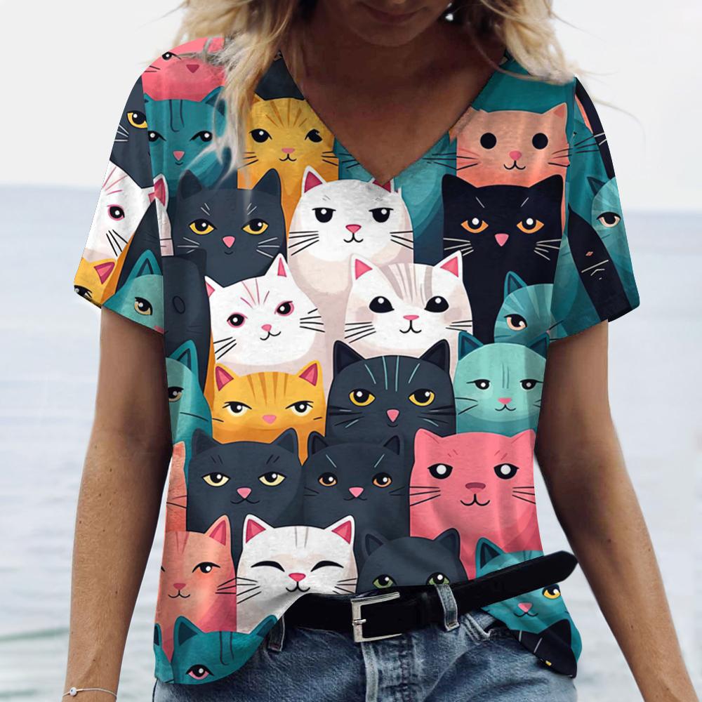 Women's T-Shirts Cartoon Cat Print T-Shirt Harajuku Vintage Short Sleeved Tees V Neck Funny Top Oversized Female Clothing