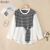 Women Casual Stripe Print Loose Long Sleeve Patchwork Blouse