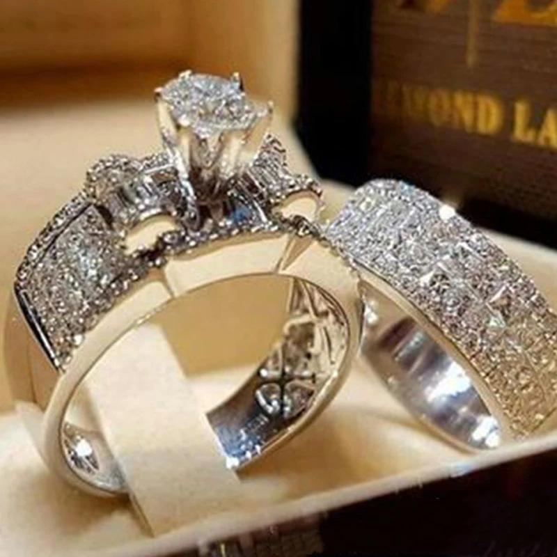 2 PCS/Set Series ! Trendy Milangirl White Crystal Round Ring Set For Women Girls Wedding Engagement Party Fashion