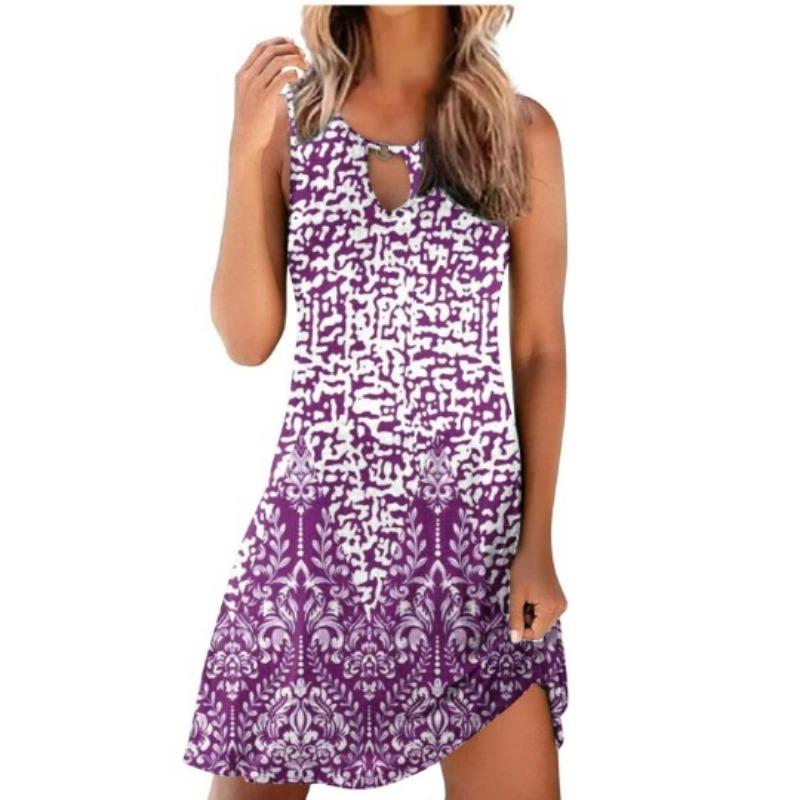 Spring Casual Style Japan and South Korea Casual Women's Printed Round Neck Big Swing Dress