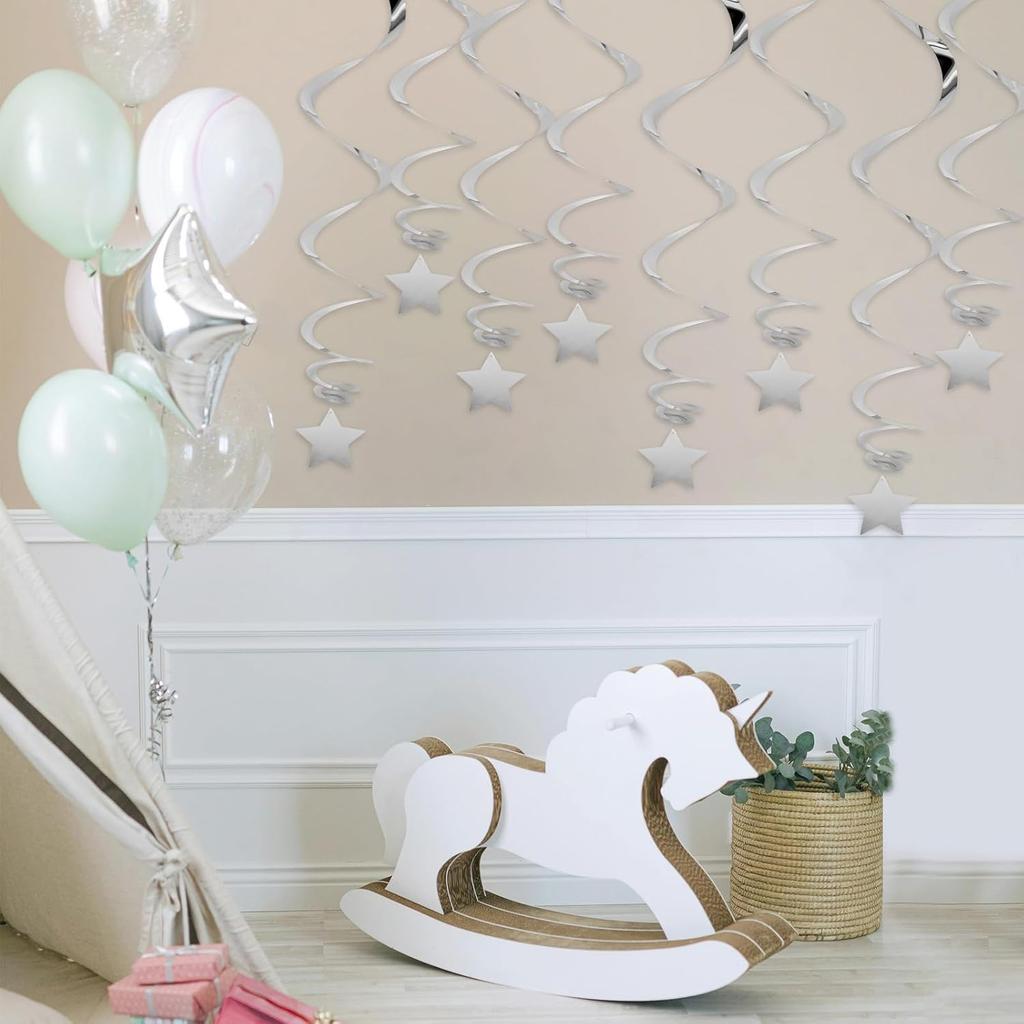 20 PCS Silver Hanging Stars for Ceiling, Silver Star Streamers Foil Swirls Party Decorations for Ceiling Graduation Wedding Baby Shower Party