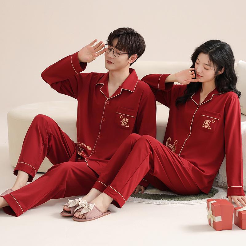 Red Pajamas for Couples - Spring/Autumn 2025 Pure Cotton High-Grade Dowry Festive Homewear for Newlyweds
