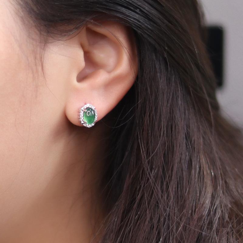 Natural Green Chalcedony & Rhinestone Stud Earrings in S925 Sterling Silver for Women's Elegant Daily Wear
