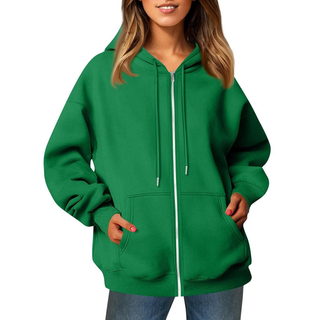 Damen Casual Fashion Solid Color Langarm Tasche Reißverschluss Kapuze Kordelzug Sweatshirt Jacke