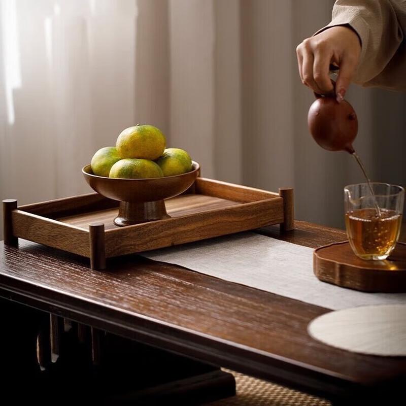 Retro Walnut Wood Tea Tray with Storage