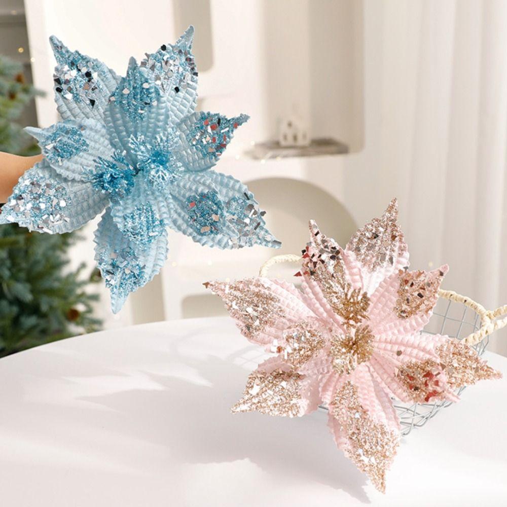 Christmas Gifts Artificial Poinsettia Glitter Flower Xmas Tree Decoration 28cm 3D Simulation Magnolia Flannel Pink Blue