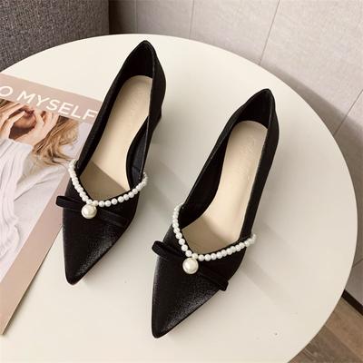 New Pointed Thick Heel High Heels Women's Pearl Bow Single Shoes Medium Heel Red Wedding Shoes
