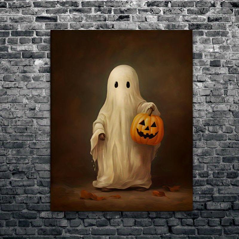 with Wooden Frame - Halloween Modern Art Canvas Poster - Cute Ghost Face Ghost Pumpkin Poster New Year Easter Gift