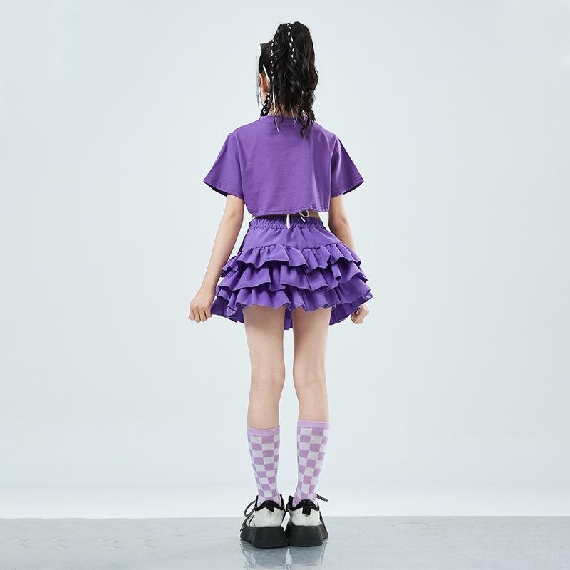Girls Cute Summer Streetwear Children Hip Hop Crop Top Purple Tiered Skirts Clothes Sets Kids Teens Street Dance Jazz Costumes