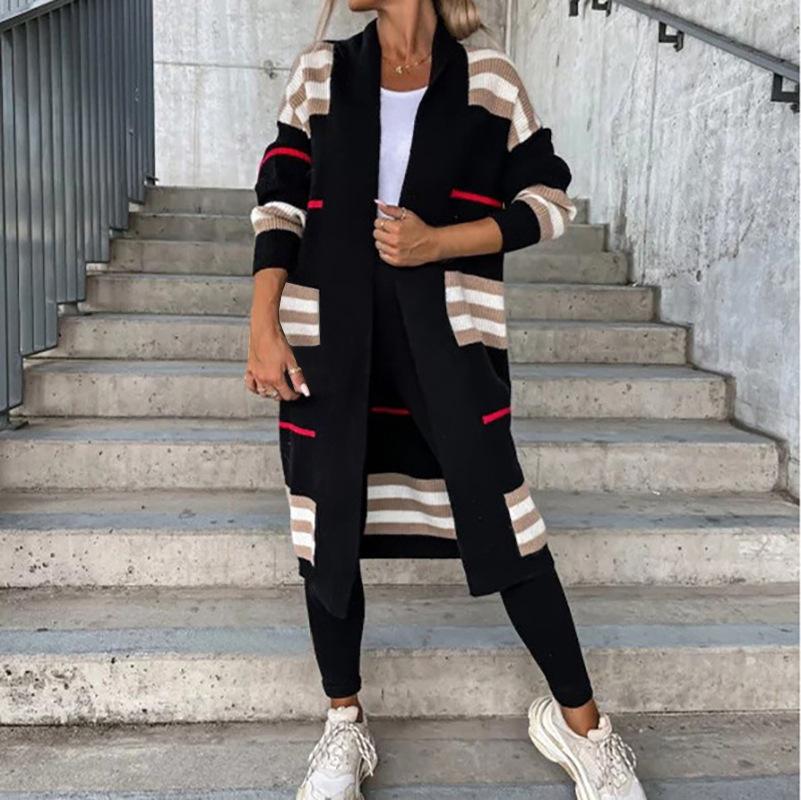 Maglione cardigan lavorato a maglia a righe lunghe da donna autunno e inverno