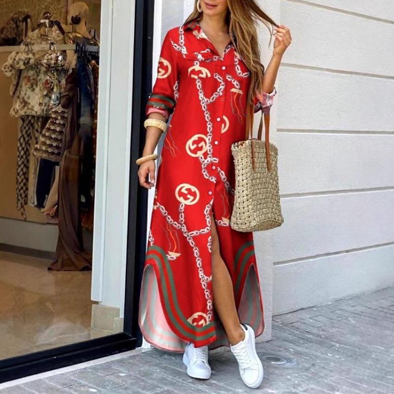 Women Casual Long Sleeve V Neck Shift Dress Loose Long Maxi Shirt Dress with Pocket