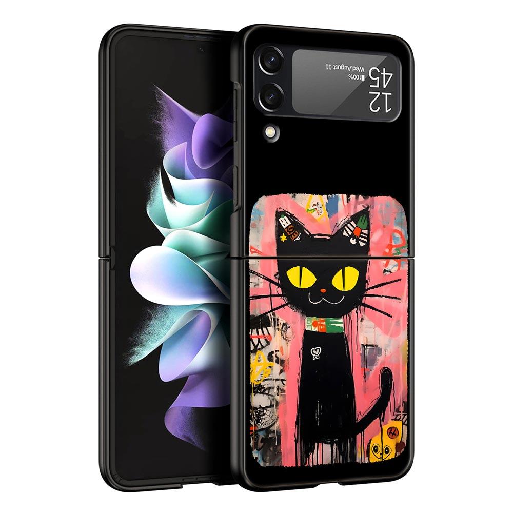 Cute Cartoon Black Cat Phone Case For Samsung Galaxy Z Flip3 Flip4 Flip5 Case Shell For Z Flip 3 4 5 6 7 Hard Folding Cover