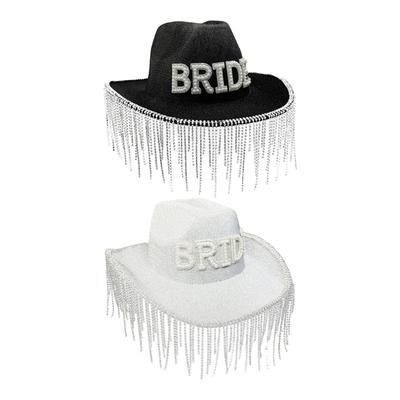 Elegante Chapéu de Noiva com Pérolas Artificiais, Design de Letras e Borlas Cintilantes para Festa de Celebração de Casamento