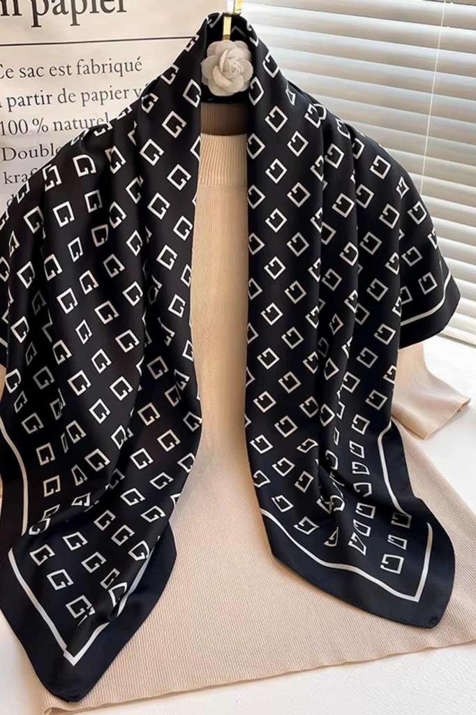Black Scarf with Geometric Pattern 90X90 - Modern Classic In Minimalist Style