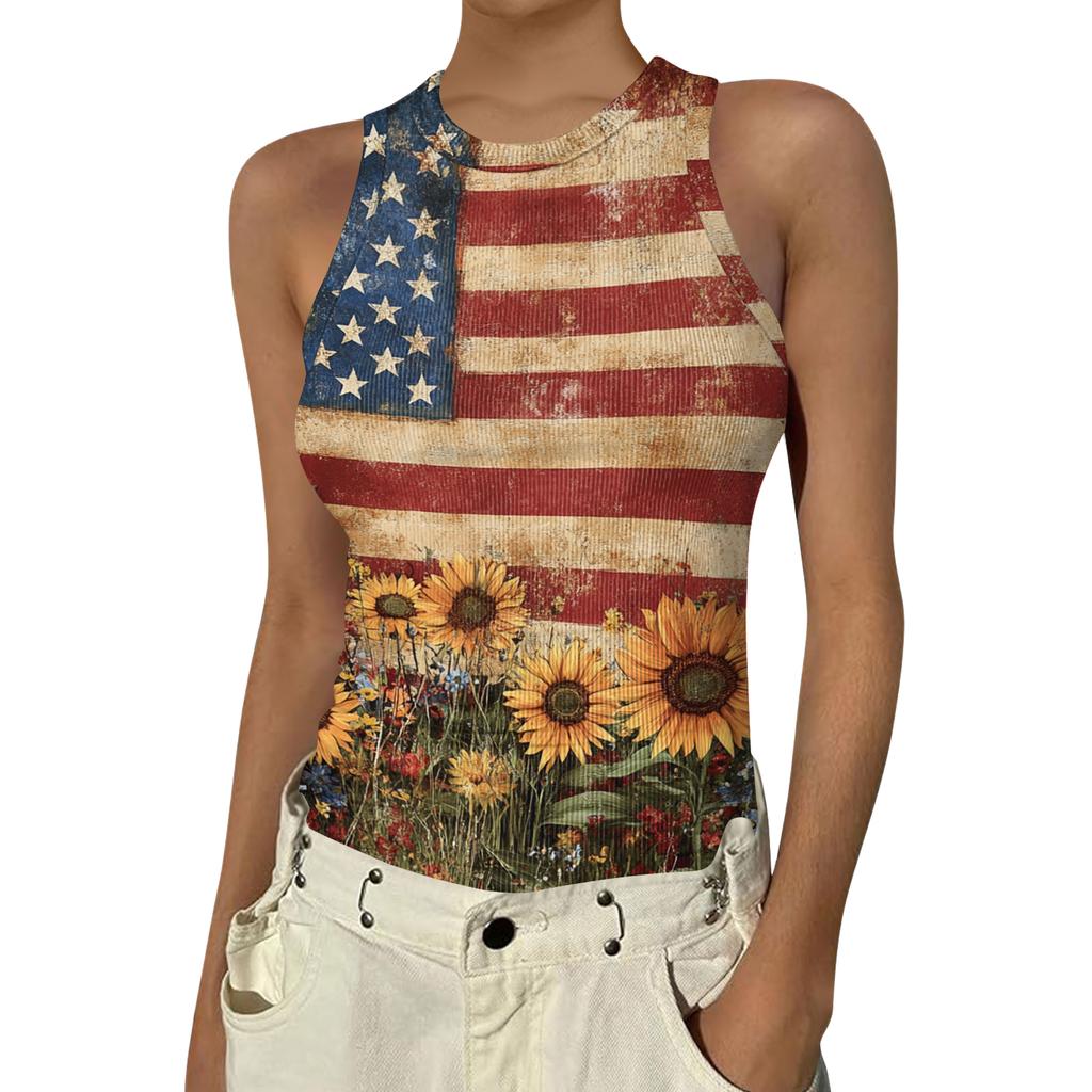 Women's Fashion Round Neck Independence Day Print Sleeveless Vest Top