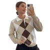 European & American Autumn Neutral Style Casual Diamond Jacquard Lapel Sweater for Women