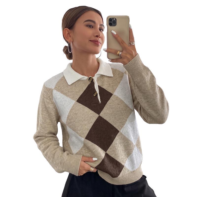 European & American Autumn Neutral Style Casual Diamond Jacquard Lapel Sweater for Women