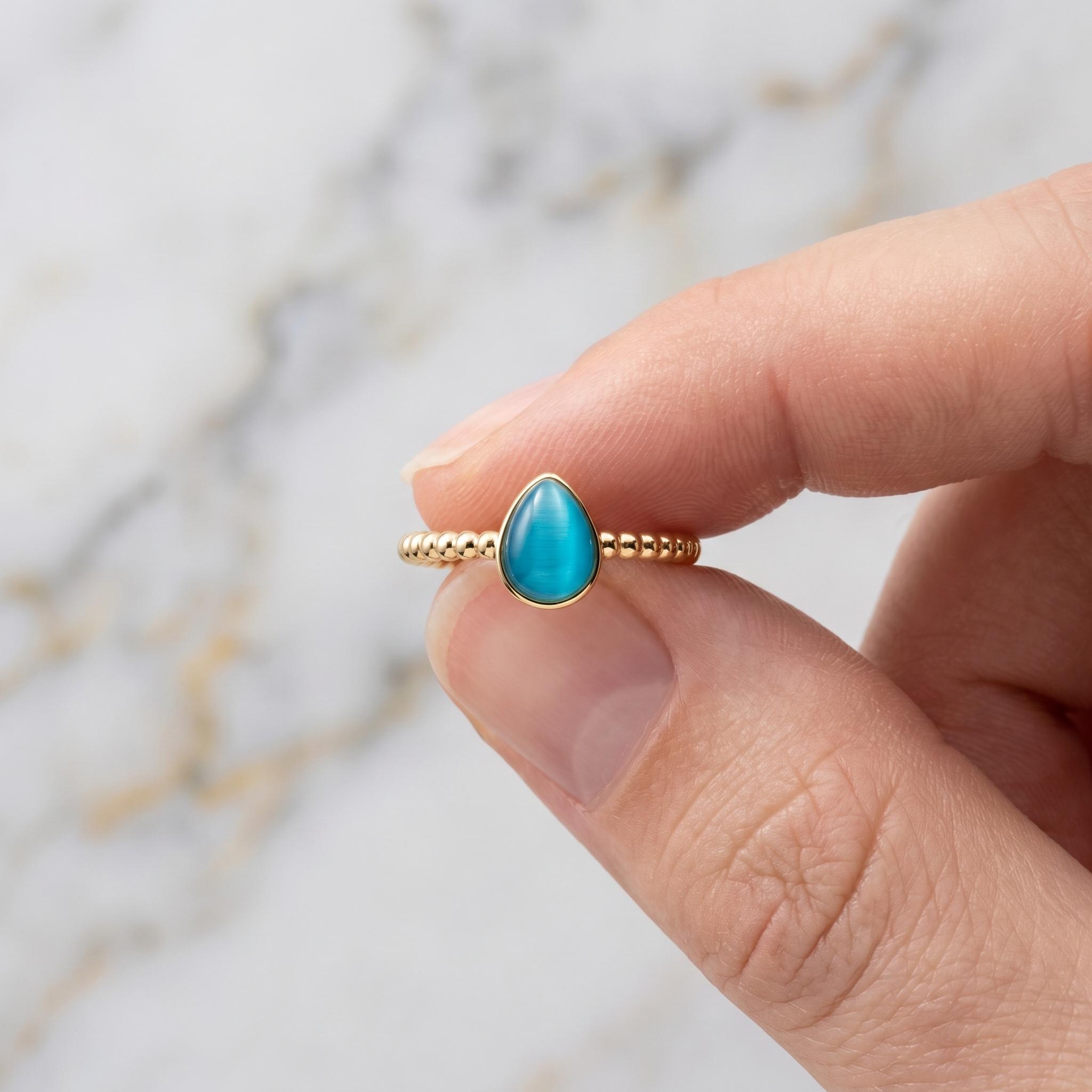 Golden Plated Teardrop Blue Cat s Eye Stone Beaded Ring for Women Minimalist Elegant Jewelry Gift золотистый