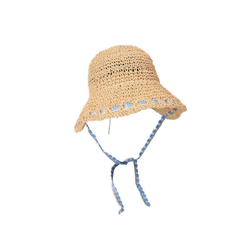 Idyllic Floral Straps Woven Straw Hat Women'S Summer Foldable Cover Seaside Beach Vacation Sun Protection Hat