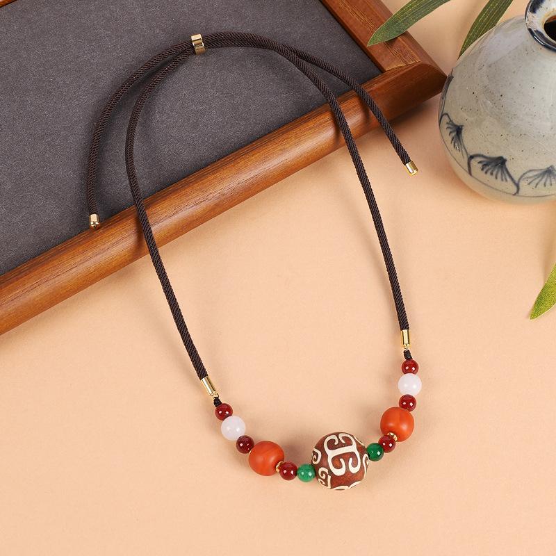 Original Tibetan dzi bead agate necklace Xizang men's and women's collarbone chain beeswax pendant retro literary accessories