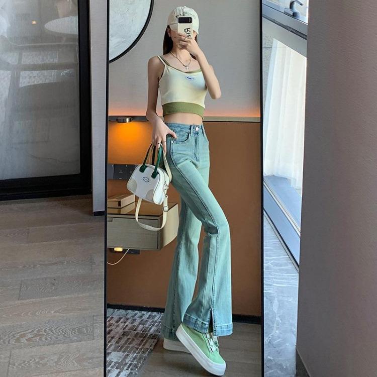 High Waisted Flared Jeans Women Autumn Elastic Split Hem Pulled Denim Pants Spice Girls Fashion